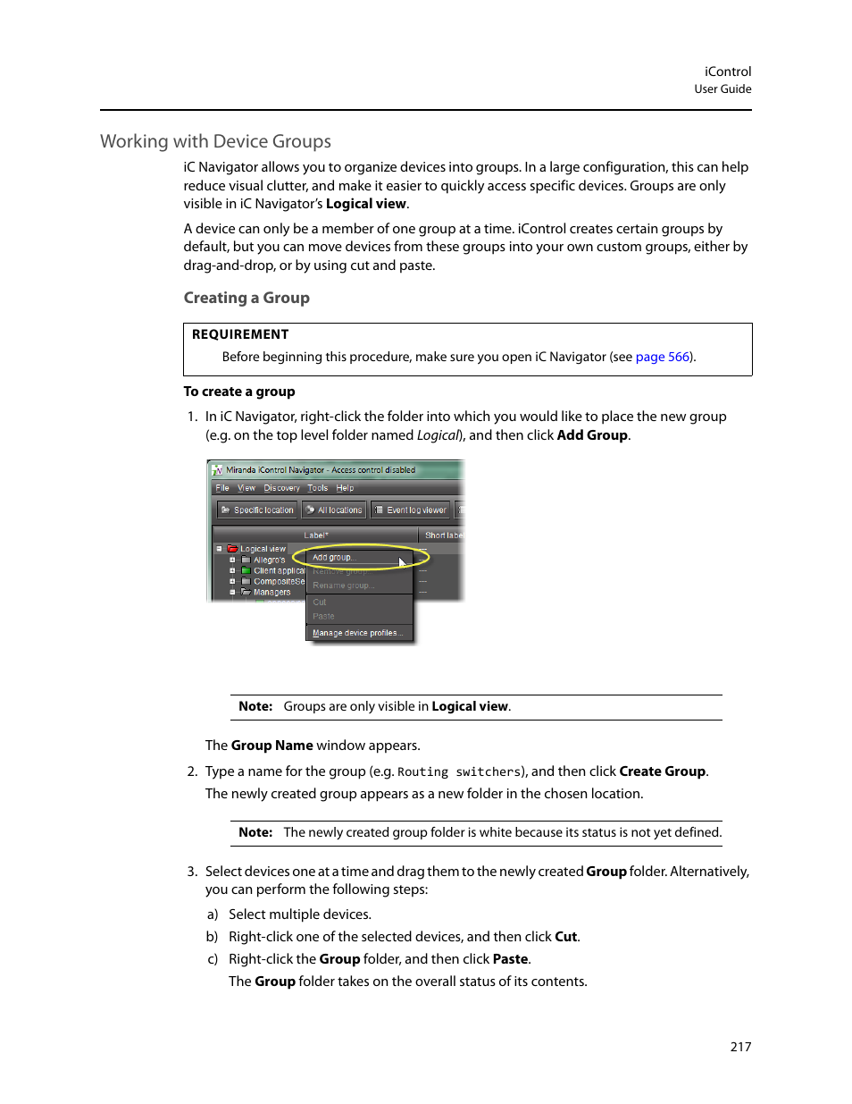 Working with device groups, Creating a group | Grass Valley iControl V.6.02 User Manual | Page 227 / 610