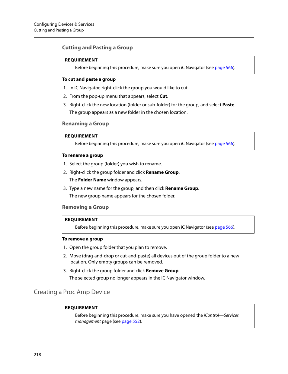 Cutting and pasting a group, Renaming a group, Removing a group | Creating a proc amp device | Grass Valley iControl V.6.02 User Manual | Page 228 / 610