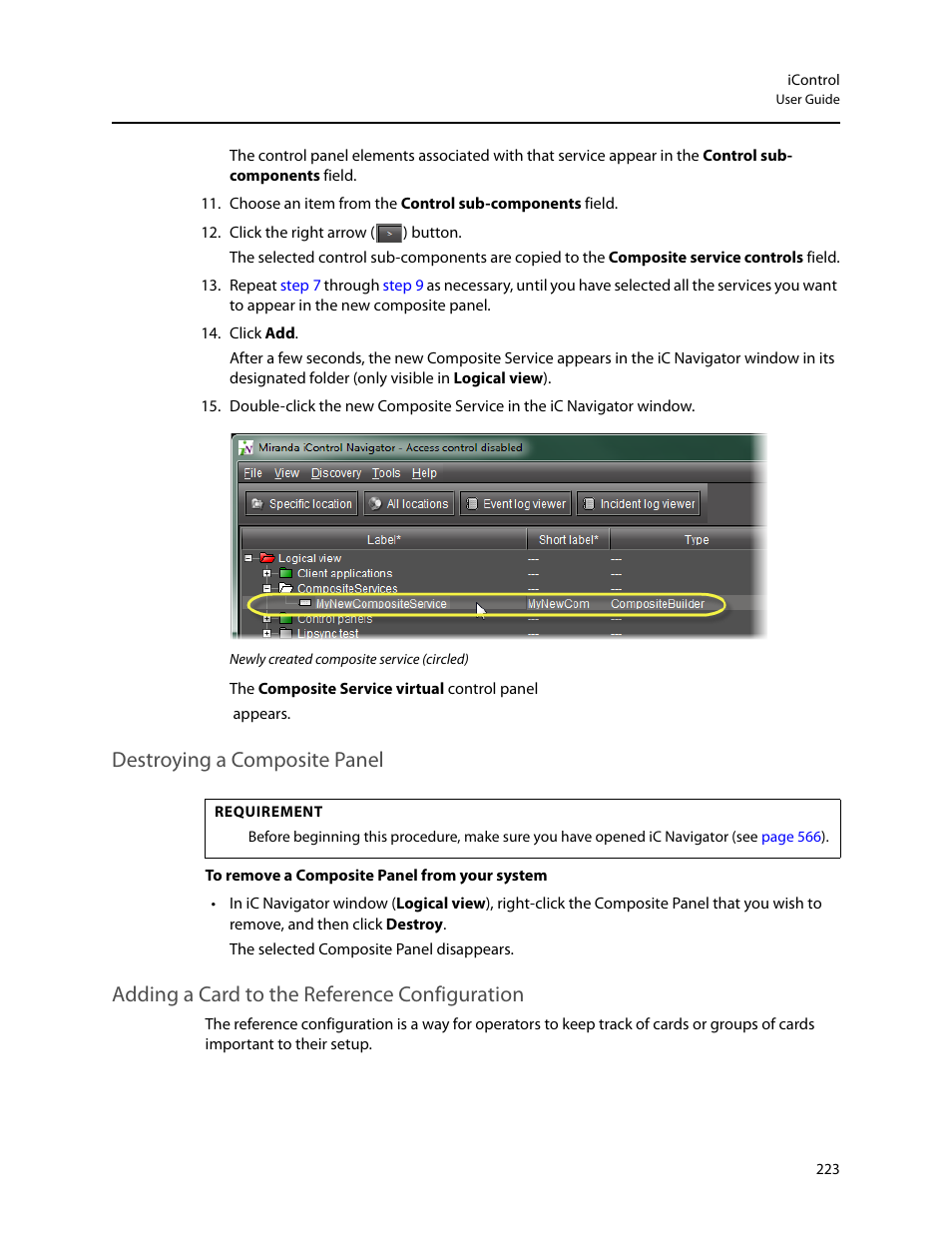 Destroying a composite panel, Adding a card to the reference configuration, Uration, see | N, see | Grass Valley iControl V.6.02 User Manual | Page 233 / 610
