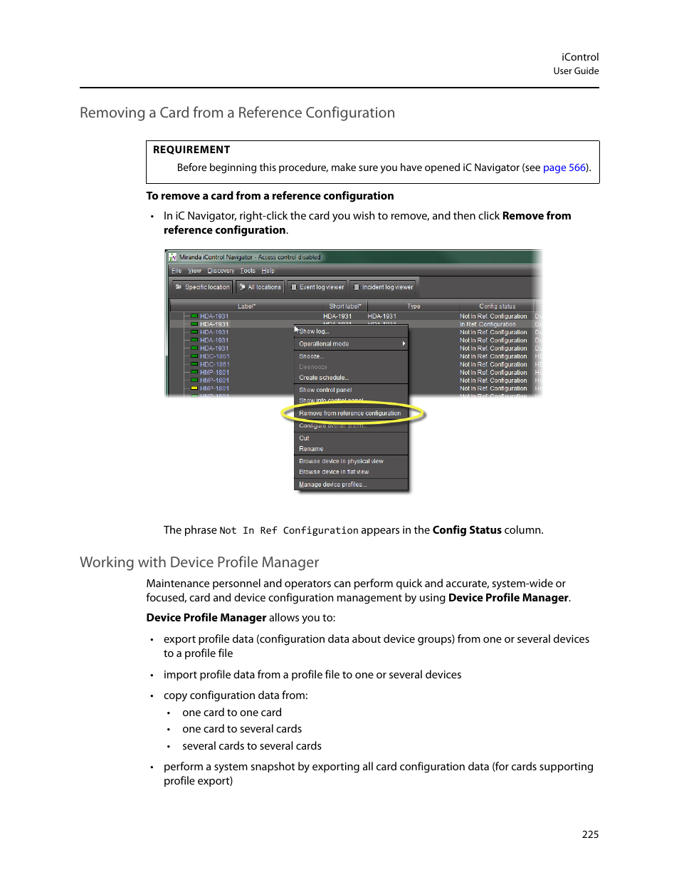 Removing a card from a reference configuration, Working with device profile manager, Ation, see | Grass Valley iControl V.6.02 User Manual | Page 235 / 610