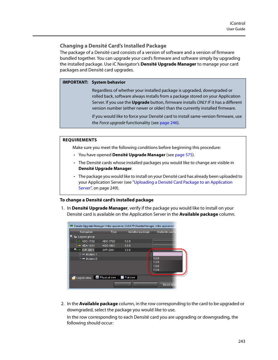 Changing a densité card’s installed package | Grass Valley iControl V.6.02 User Manual | Page 253 / 610