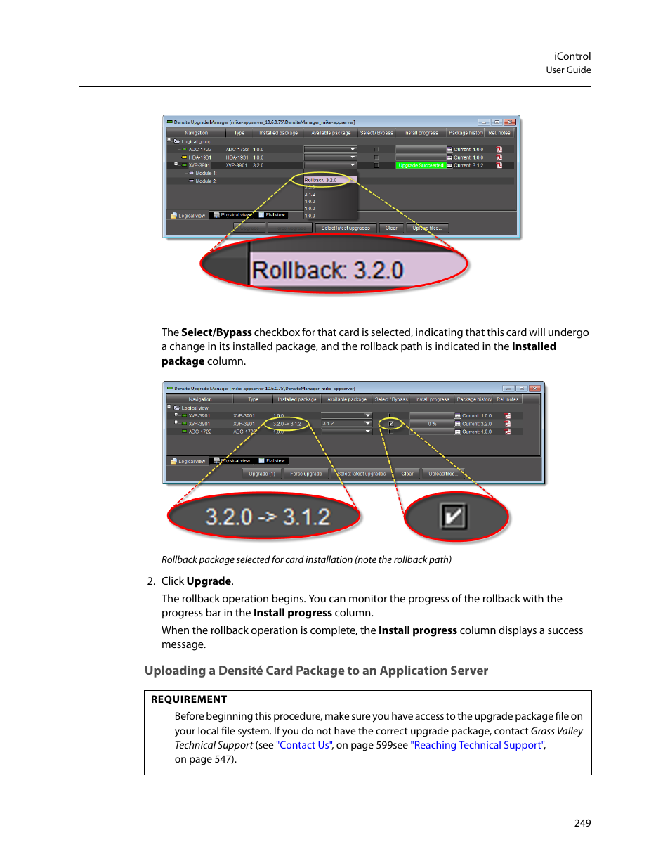 Er (see, Uploading a densité card package to an application, Server | Uploading a densité card package to an, Application server | Grass Valley iControl V.6.02 User Manual | Page 259 / 610