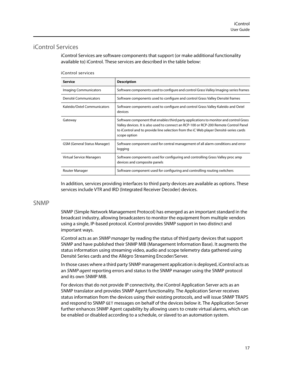Icontrol services, Snmp, Icontrol services snmp | Grass Valley iControl V.6.02 User Manual | Page 27 / 610