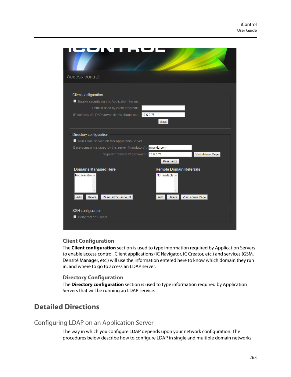 Client configuration, Directory configuration, Detailed directions | Configuring ldap on an application server, Y) (see | Grass Valley iControl V.6.02 User Manual | Page 273 / 610