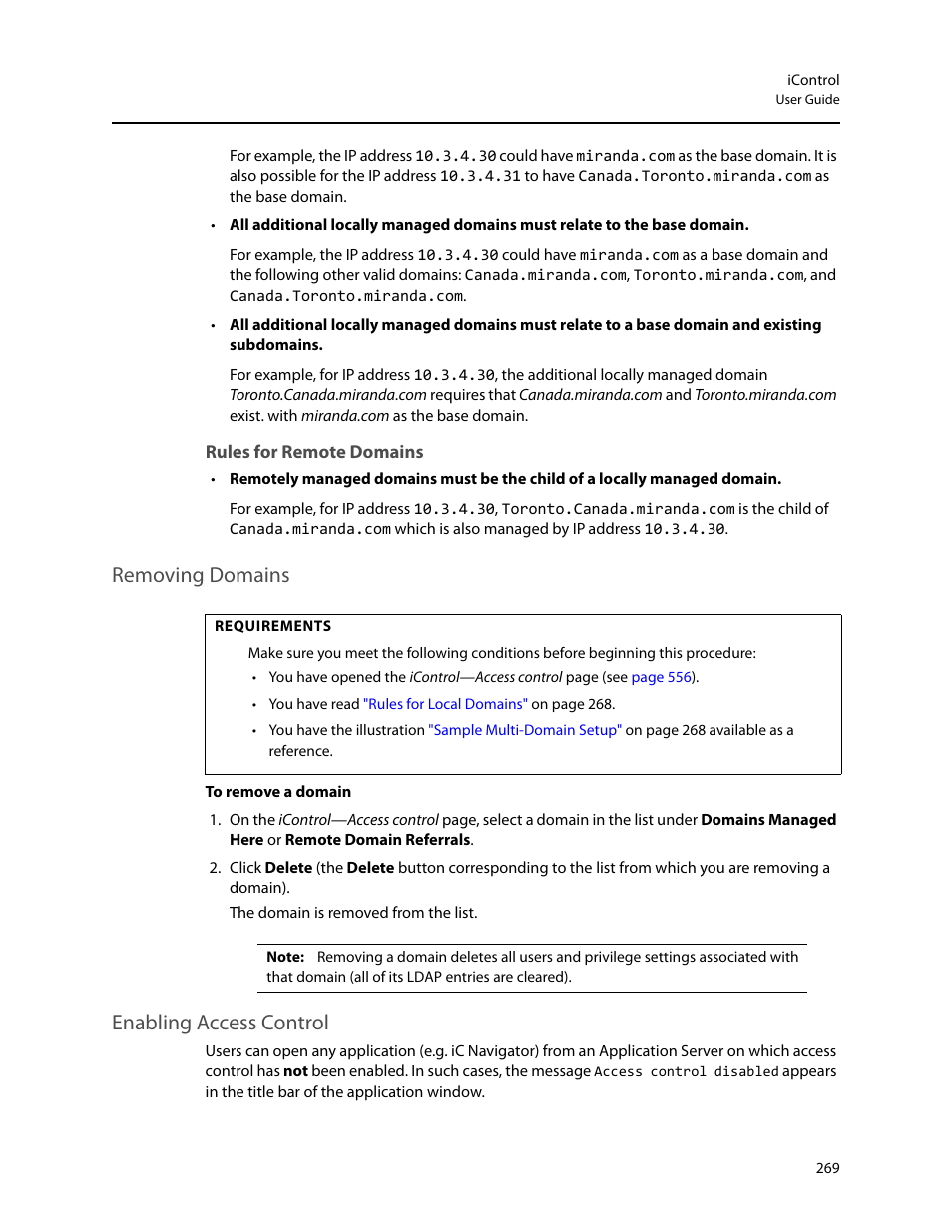 Rules for remote domains, Removing domains, Enabling access control | Removing domains enabling access control | Grass Valley iControl V.6.02 User Manual | Page 279 / 610