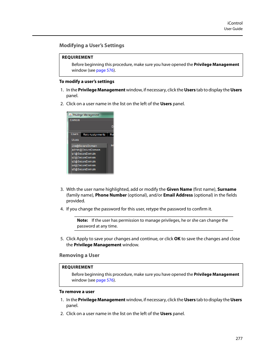 Modifying a user’s settings, Removing a user | Grass Valley iControl V.6.02 User Manual | Page 287 / 610