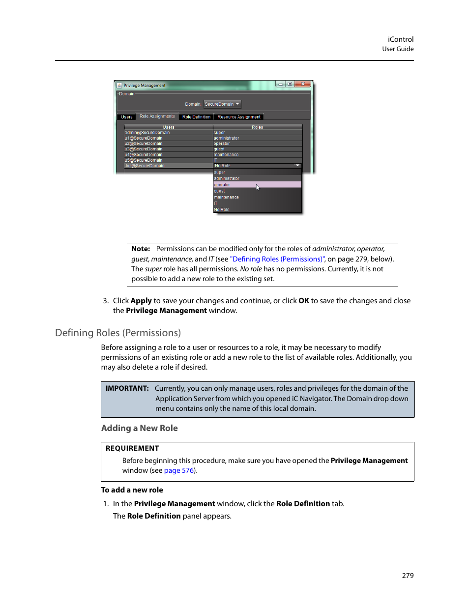 Defining roles (permissions), Adding a new role | Grass Valley iControl V.6.02 User Manual | Page 289 / 610