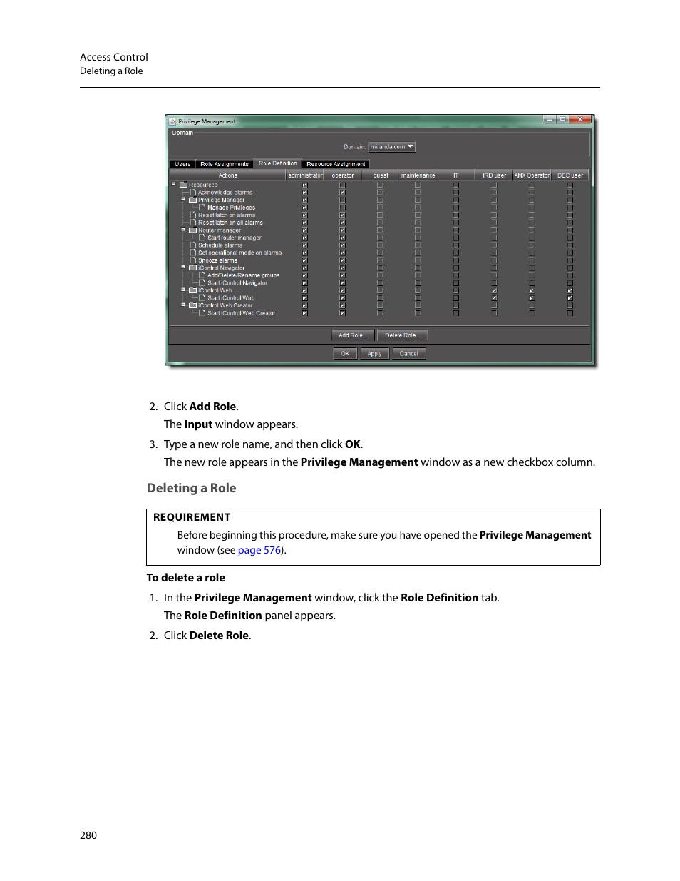 Deleting a role | Grass Valley iControl V.6.02 User Manual | Page 290 / 610