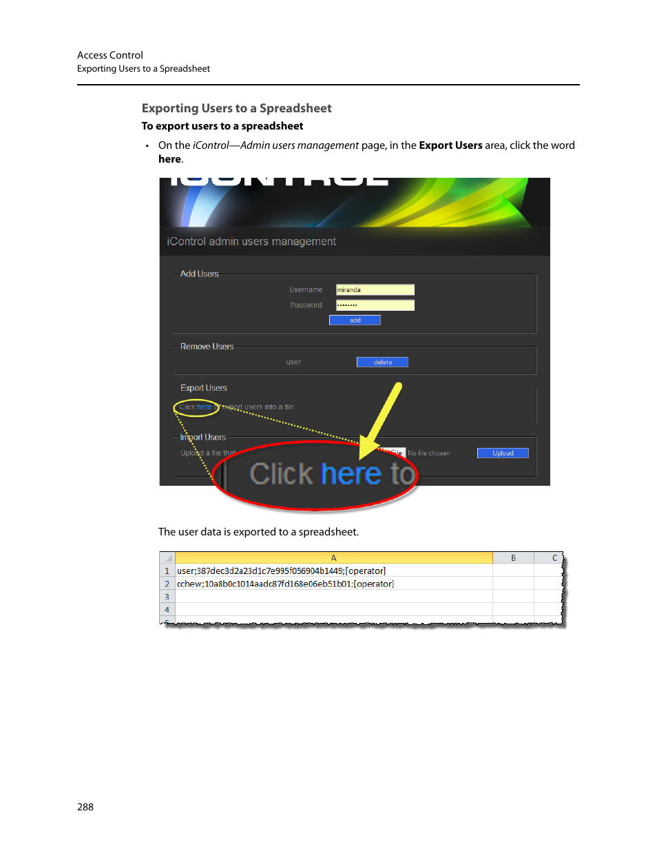 Exporting users to a spreadsheet, Adsheet, see | Grass Valley iControl V.6.02 User Manual | Page 298 / 610