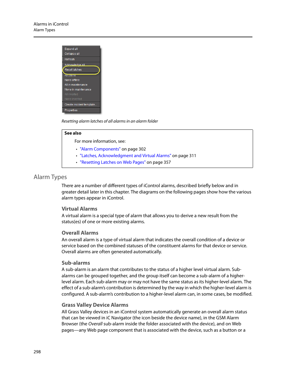 Alarm types, Virtual alarms, Overall alarms | Sub-alarms, Grass valley device alarms | Grass Valley iControl V.6.02 User Manual | Page 308 / 610