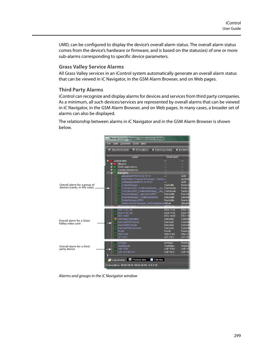 Grass valley service alarms, Third party alarms | Grass Valley iControl V.6.02 User Manual | Page 309 / 610