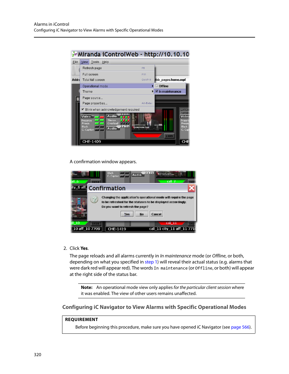 Configuring ic navigator to view alarms with, Specific operational modes | Grass Valley iControl V.6.02 User Manual | Page 330 / 610