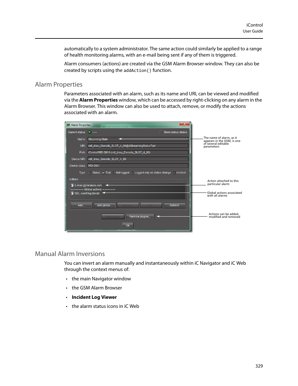 Alarm properties, Manual alarm inversions, Alarm properties manual alarm inversions | Grass Valley iControl V.6.02 User Manual | Page 339 / 610