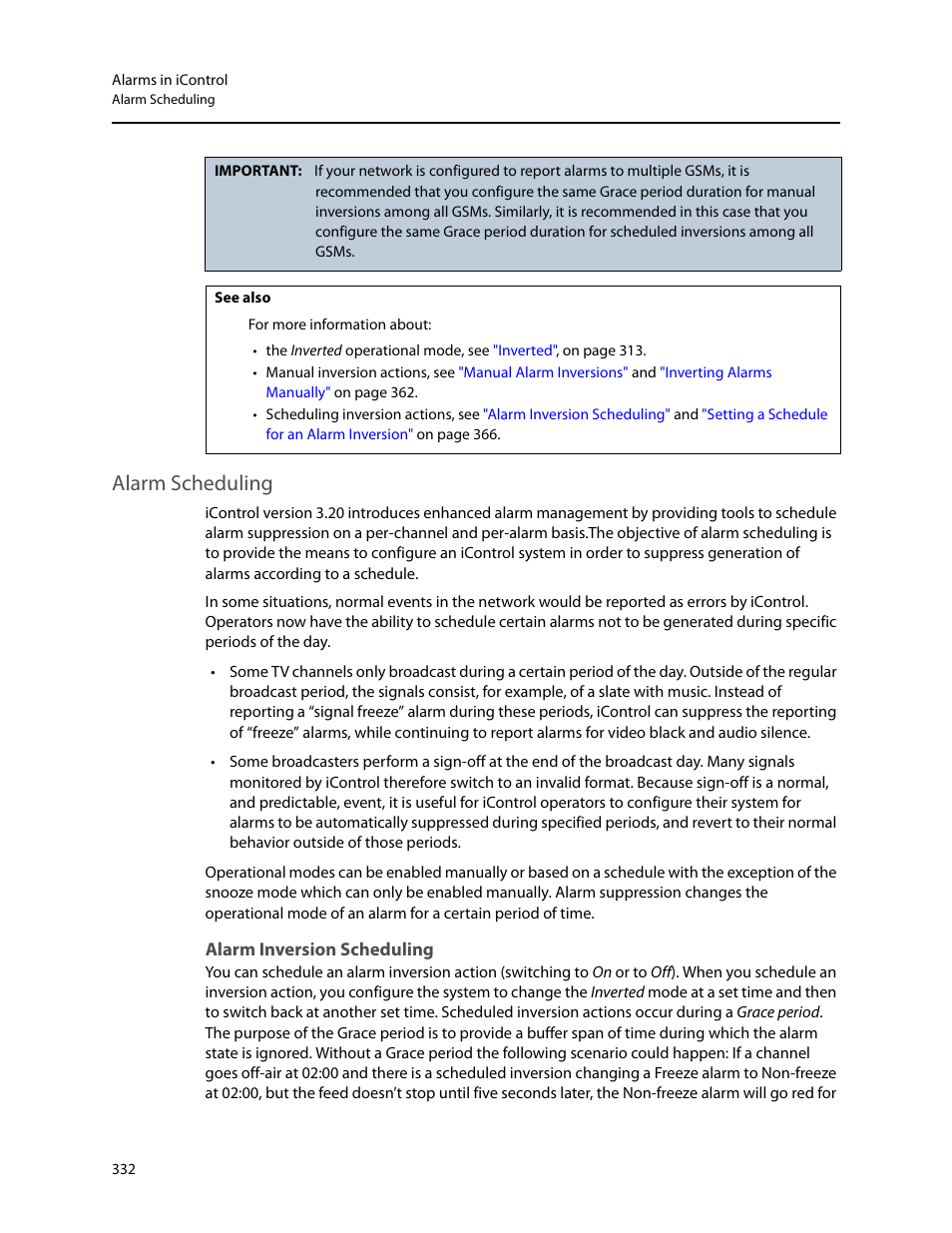 Alarm scheduling, Alarm inversion scheduling, Alarm | Scheduling | Grass Valley iControl V.6.02 User Manual | Page 342 / 610