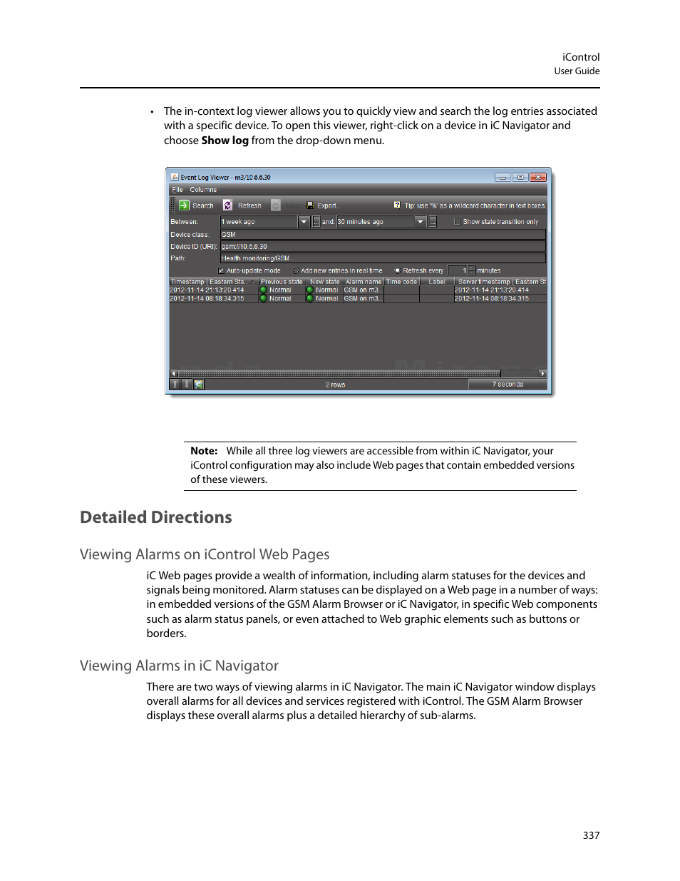 Detailed directions, Viewing alarms in ic navigator, Viewing alarms on icontrol web pages | Grass Valley iControl V.6.02 User Manual | Page 347 / 610