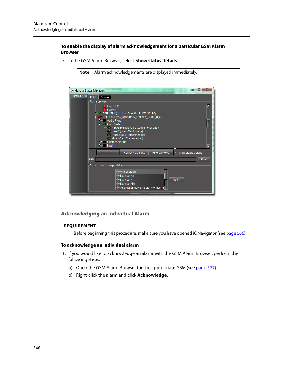 Acknowledging an individual alarm | Grass Valley iControl V.6.02 User Manual | Page 356 / 610