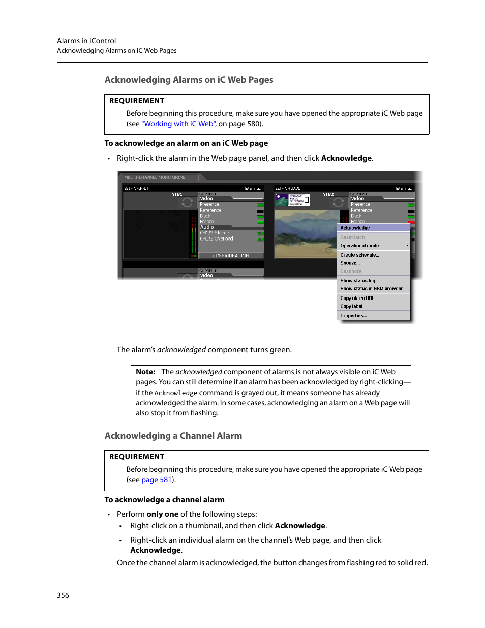 Acknowledging a channel alarm | Grass Valley iControl V.6.02 User Manual | Page 366 / 610