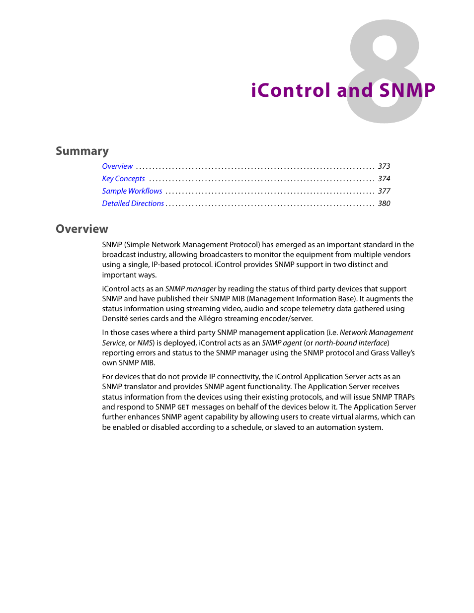 Icontrol and snmp, Overview, Summary | Grass Valley iControl V.6.02 User Manual | Page 383 / 610