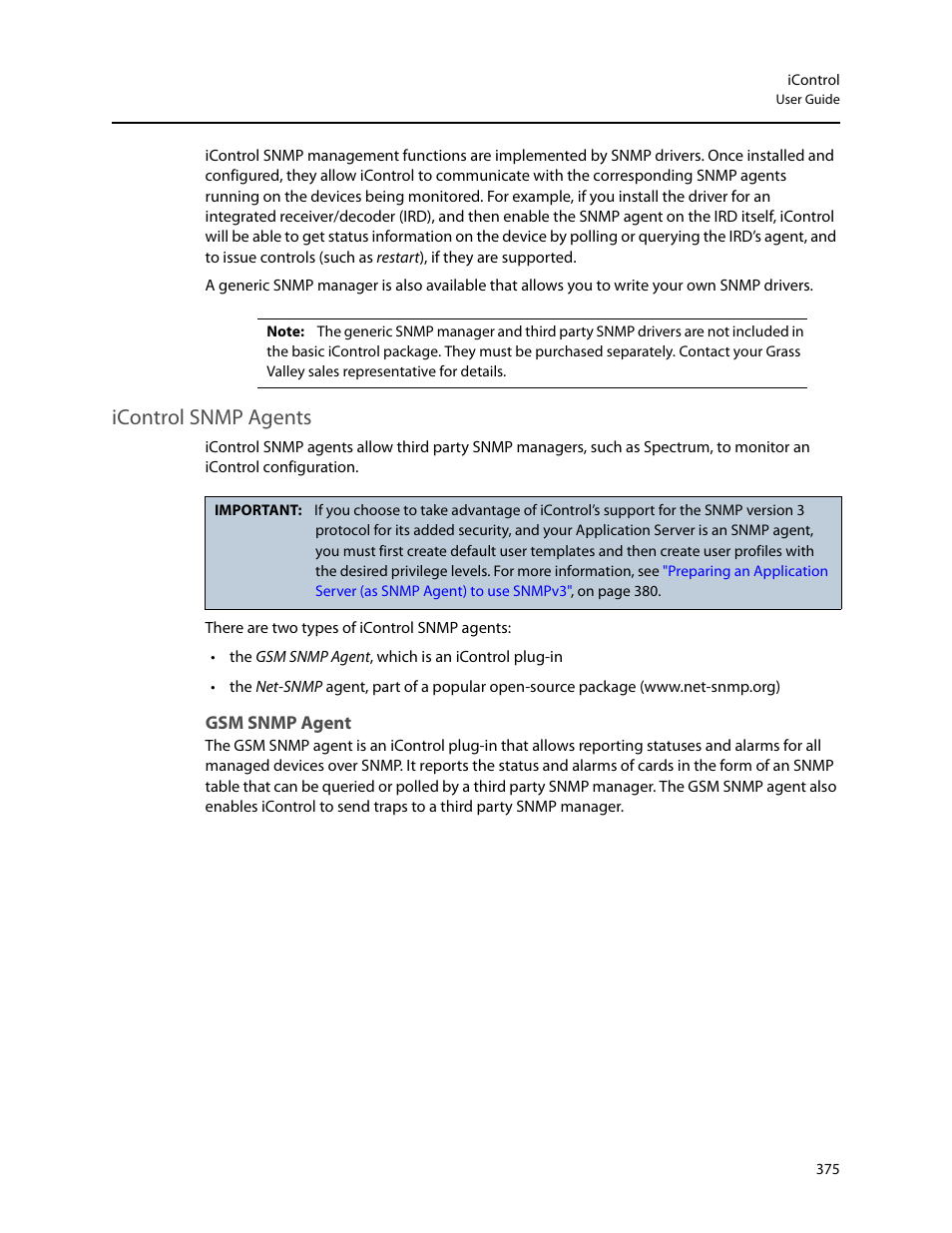 Icontrol snmp agents, Gsm snmp agent | Grass Valley iControl V.6.02 User Manual | Page 385 / 610