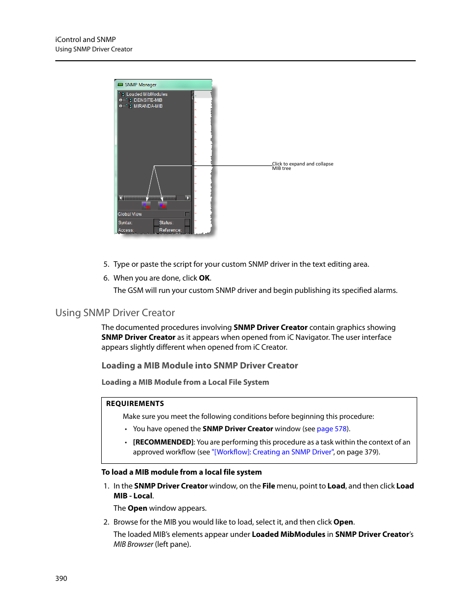 Using snmp driver creator, Loading a mib module into snmp driver creator, Loading a mib module from a local file system | Grass Valley iControl V.6.02 User Manual | Page 400 / 610