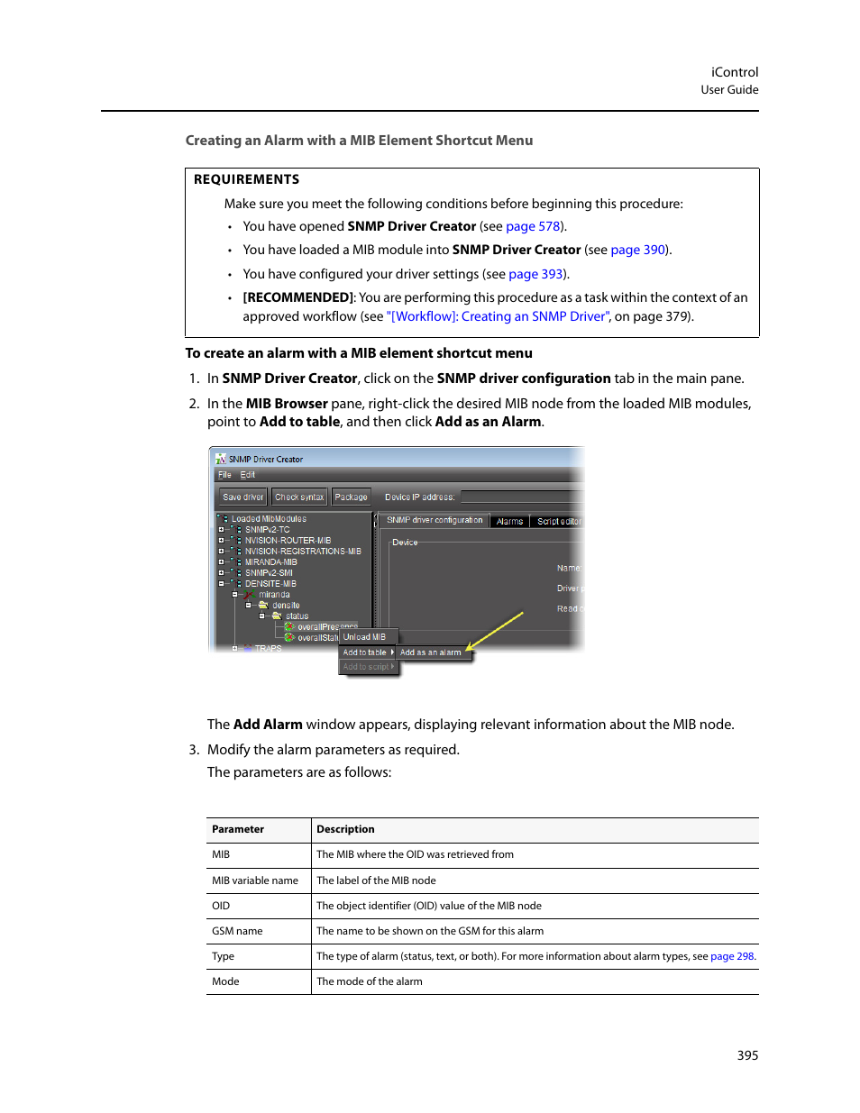 Creating an alarm with a mib element shortcut menu | Grass Valley iControl V.6.02 User Manual | Page 405 / 610