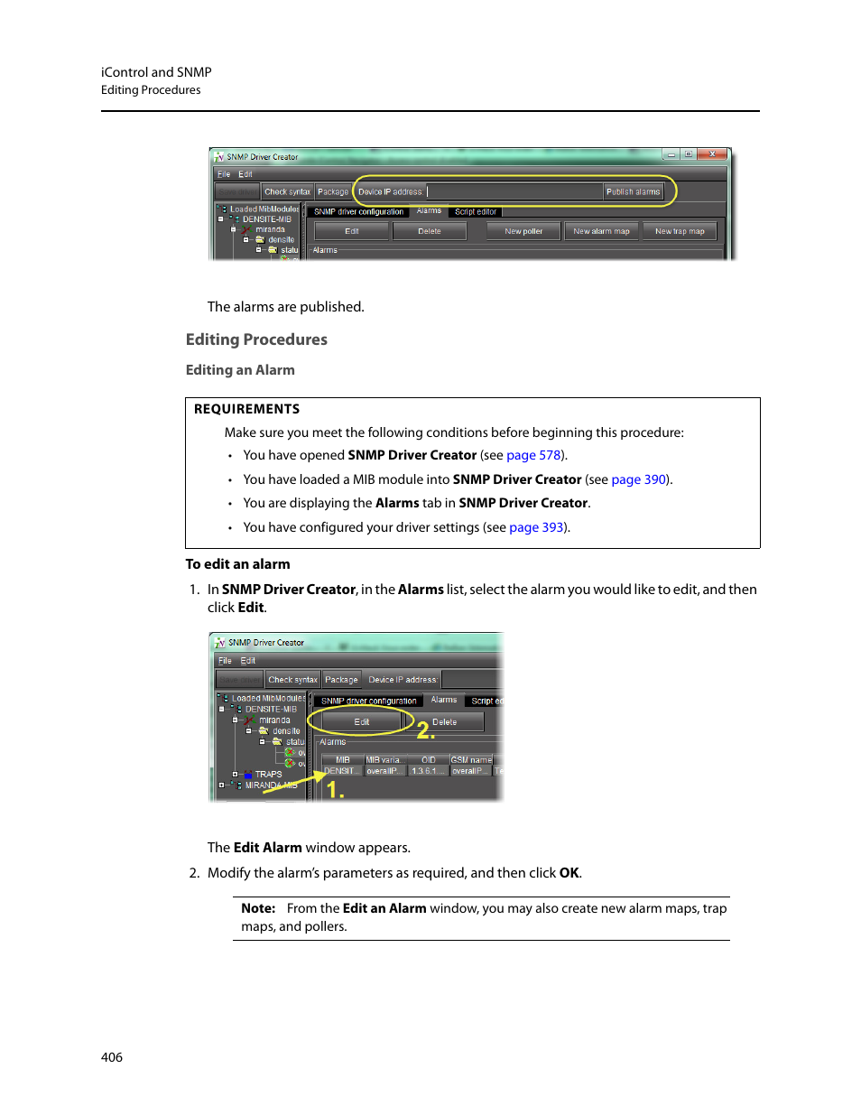 Editing procedures, Editing an alarm | Grass Valley iControl V.6.02 User Manual | Page 416 / 610