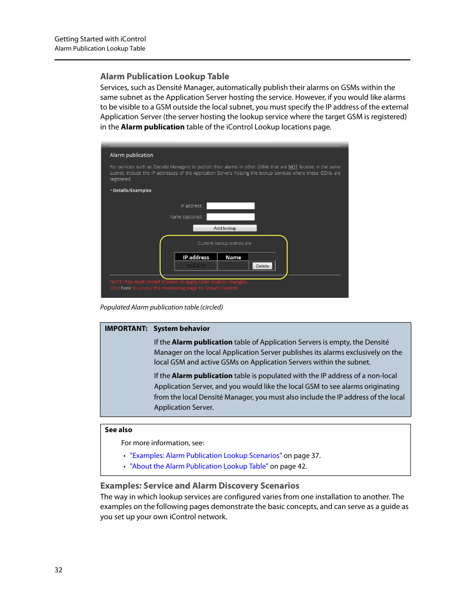 Alarm publication lookup table, Examples: service and alarm discovery scenarios | Grass Valley iControl V.6.02 User Manual | Page 42 / 610
