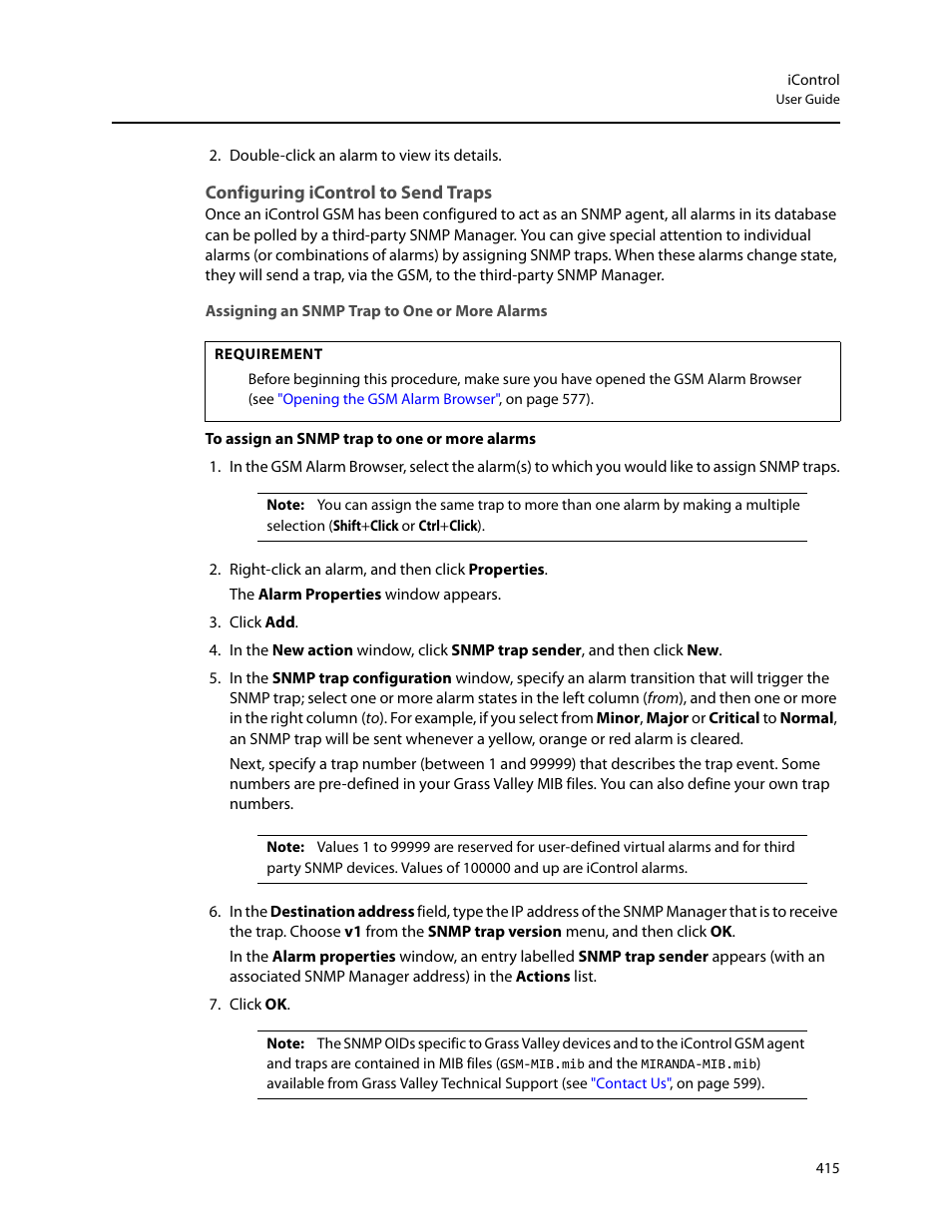 Configuring icontrol to send traps, Assigning an snmp trap to one or more alarms | Grass Valley iControl V.6.02 User Manual | Page 425 / 610