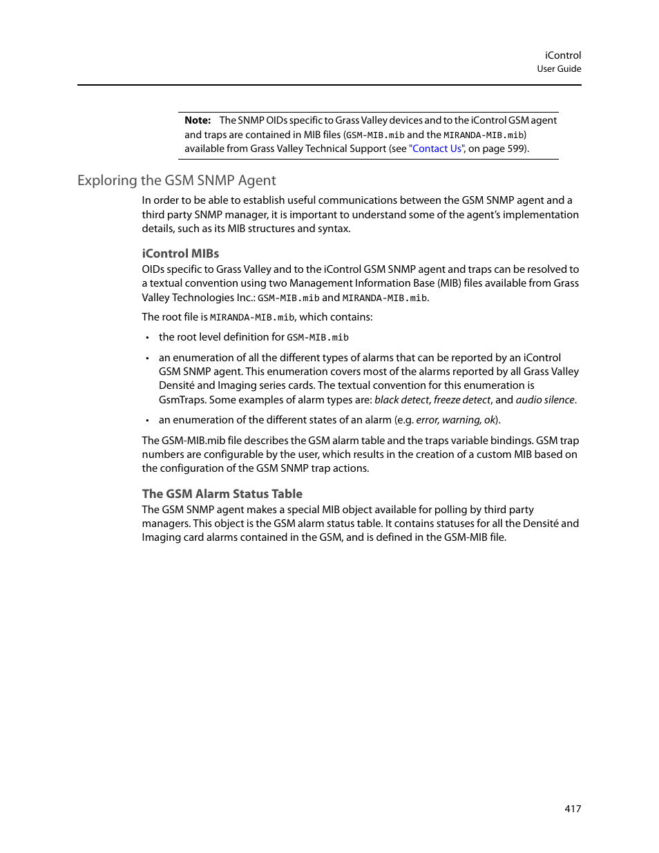 Exploring the gsm snmp agent, Icontrol mibs, The gsm alarm status table | Grass Valley iControl V.6.02 User Manual | Page 427 / 610