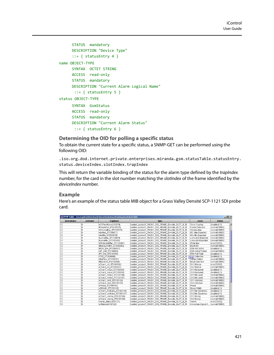 Determining the oid for polling a specific status, Example | Grass Valley iControl V.6.02 User Manual | Page 431 / 610