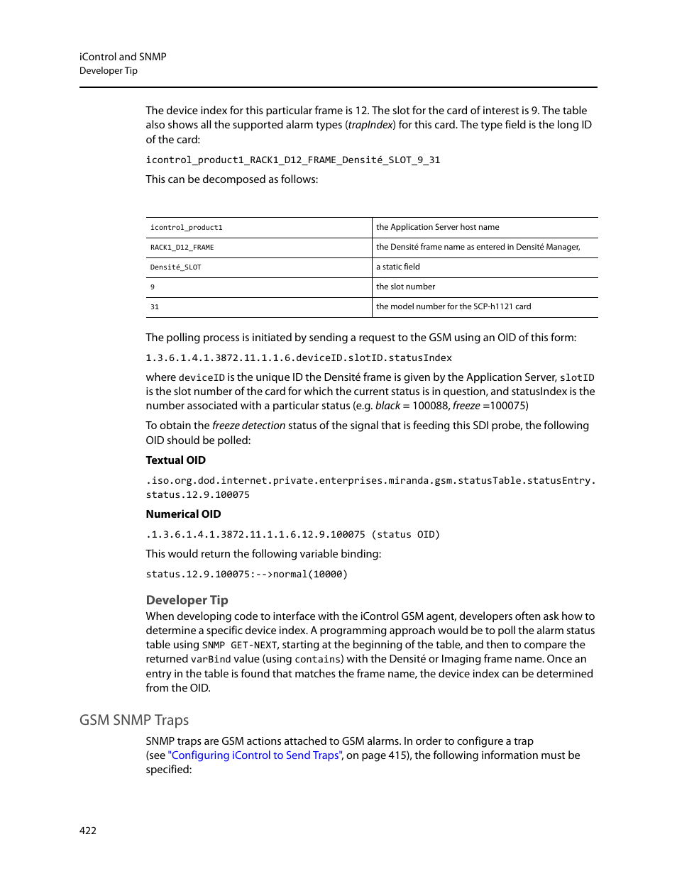 Developer tip, Gsm snmp traps | Grass Valley iControl V.6.02 User Manual | Page 432 / 610