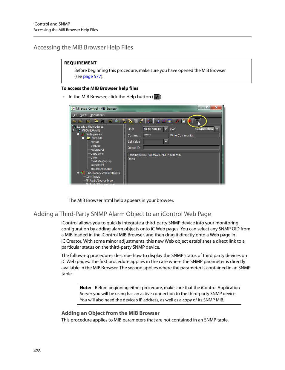 Accessing the mib browser help files, Adding an object from the mib browser | Grass Valley iControl V.6.02 User Manual | Page 438 / 610