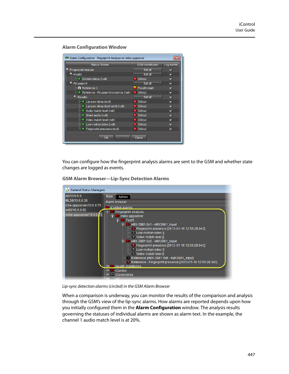 Alarm configuration window, Gsm alarm browser—lip-sync detection alarms | Grass Valley iControl V.6.02 User Manual | Page 457 / 610