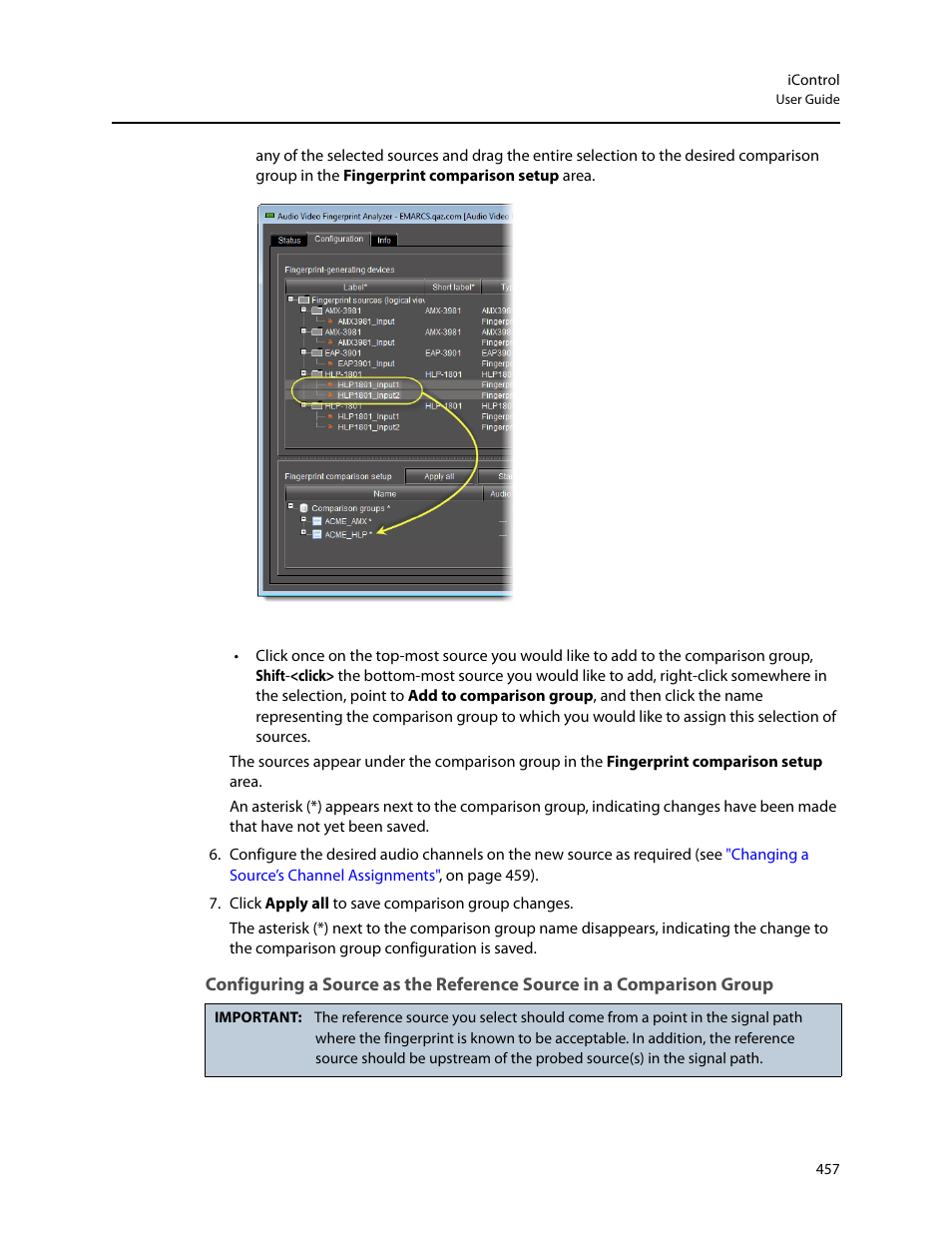 Configuring a source as the, Reference source in a comparison group, Configuring a | Grass Valley iControl V.6.02 User Manual | Page 467 / 610