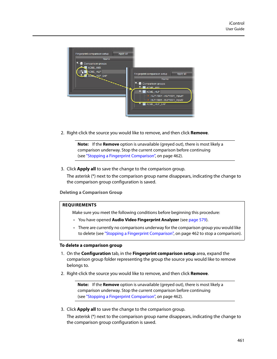 Deleting a comparison group | Grass Valley iControl V.6.02 User Manual | Page 471 / 610