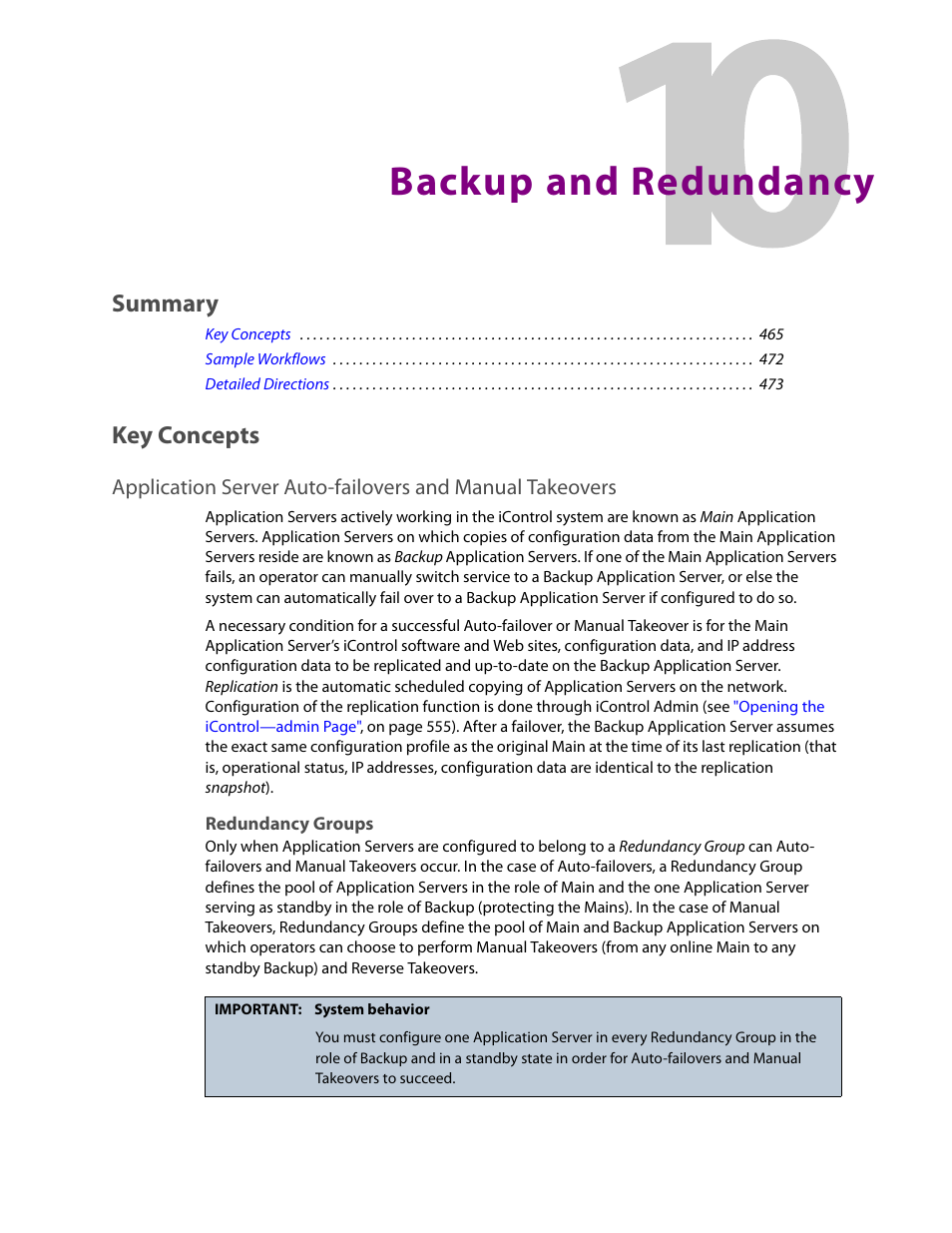 Backup and redundancy, Key concepts, Redundancy groups | 10 backup and redundancy, Summary | Grass Valley iControl V.6.02 User Manual | Page 475 / 610