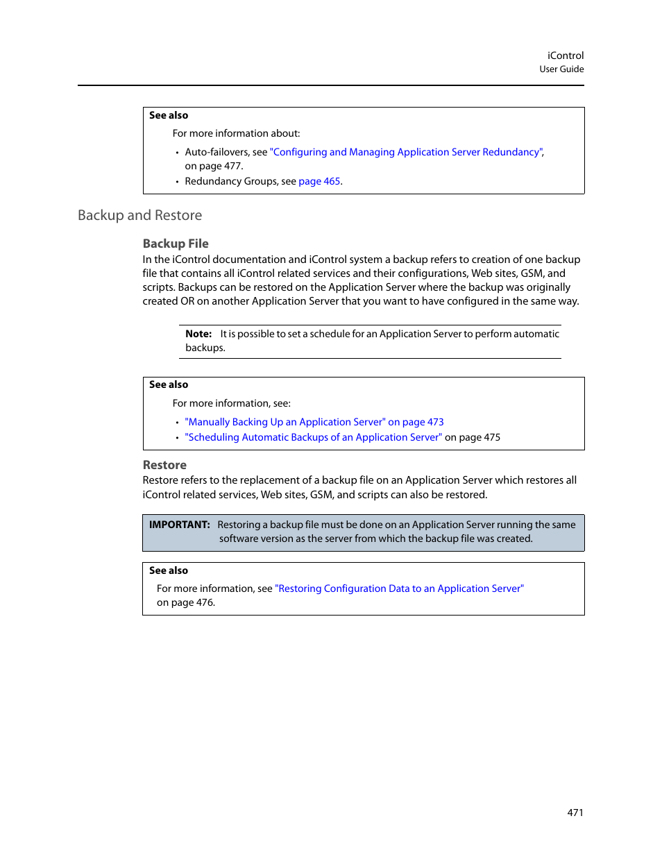 Backup and restore, Backup file, Restore | Grass Valley iControl V.6.02 User Manual | Page 481 / 610