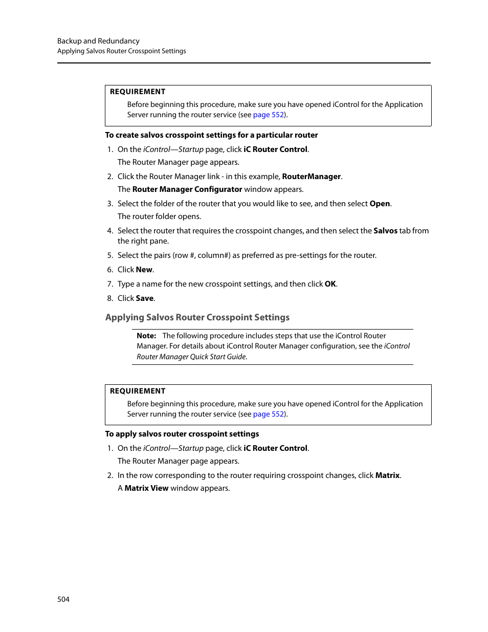 Applying salvos router crosspoint settings | Grass Valley iControl V.6.02 User Manual | Page 514 / 610