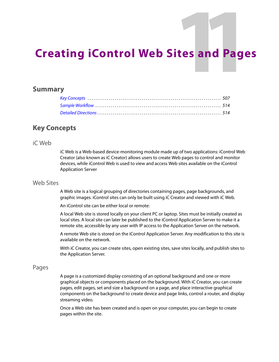 Key concepts, Ic web, Web sites | Creating icontrol web sites and pages, Summary | Grass Valley iControl V.6.02 User Manual | Page 517 / 610