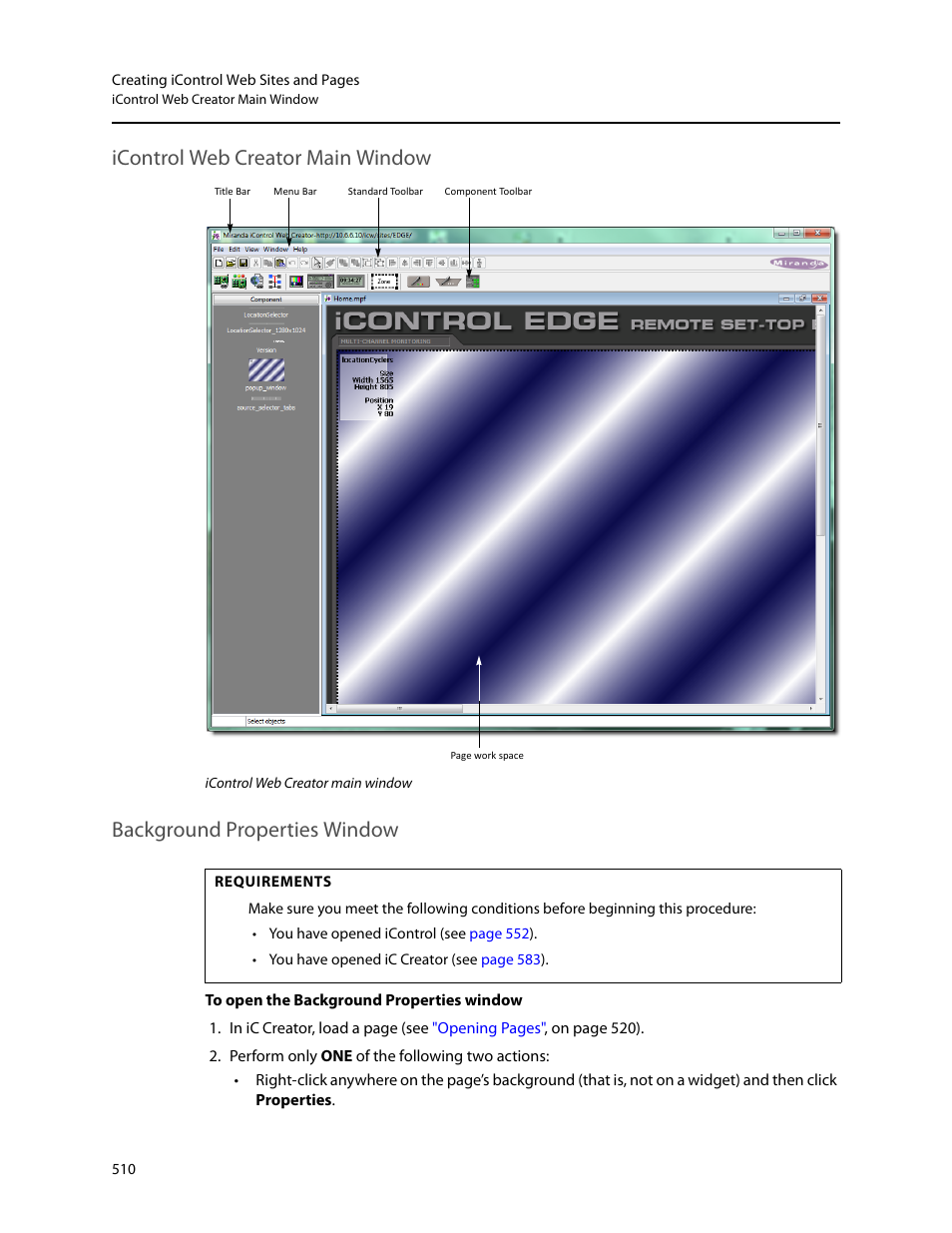 Icontrol web creator main window, Background properties window | Grass Valley iControl V.6.02 User Manual | Page 520 / 610