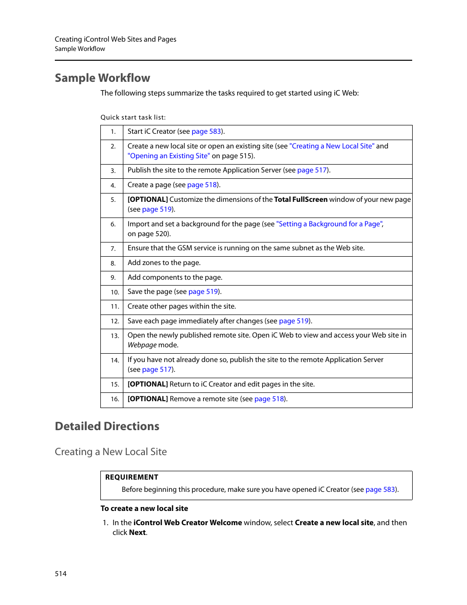Sample workflow, Detailed directions, Creating a new local site | Sample workflow detailed directions | Grass Valley iControl V.6.02 User Manual | Page 524 / 610
