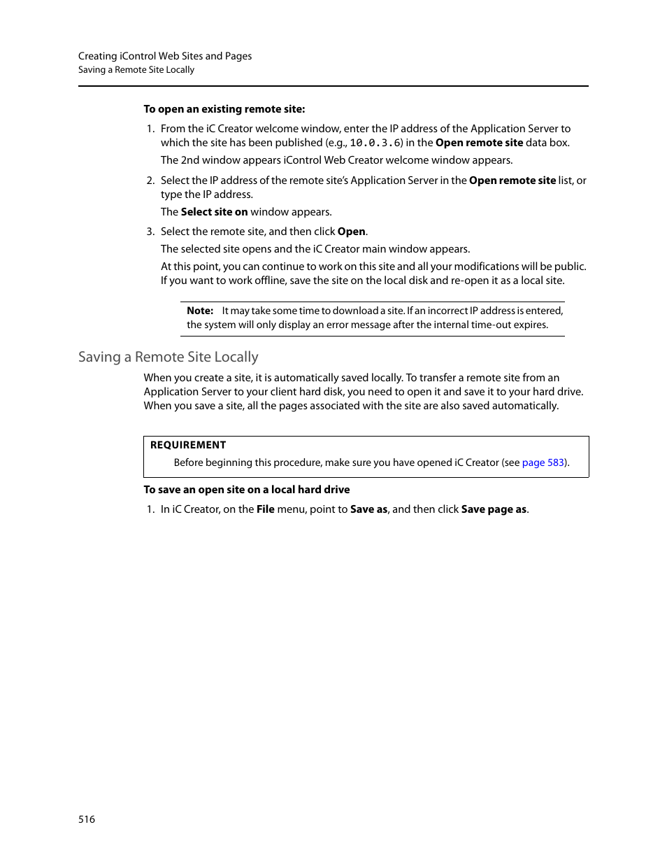 Saving a remote site locally | Grass Valley iControl V.6.02 User Manual | Page 526 / 610