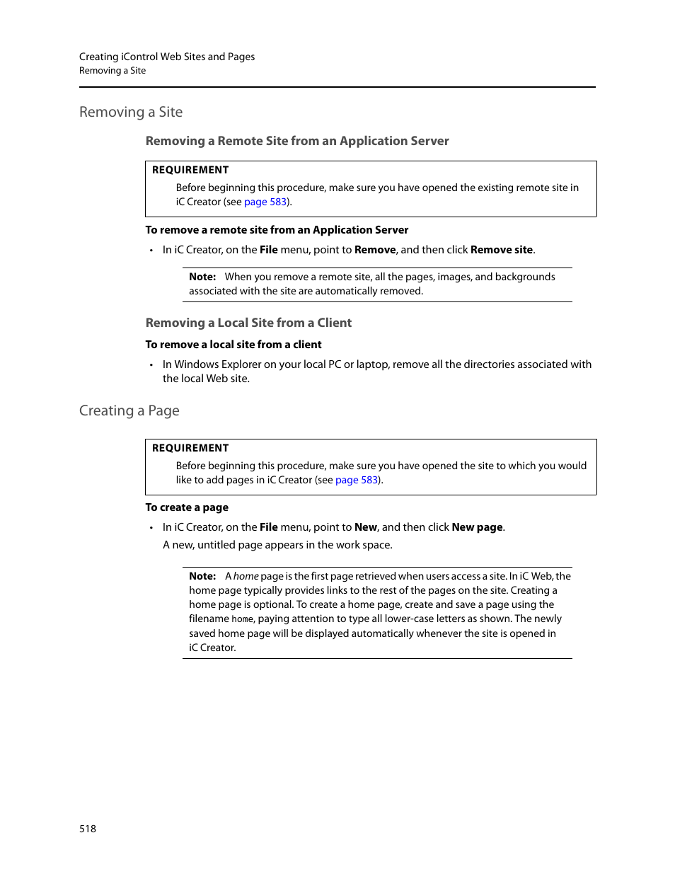 Removing a site, Removing a remote site from an application server, Removing a local site from a client | Creating a page | Grass Valley iControl V.6.02 User Manual | Page 528 / 610