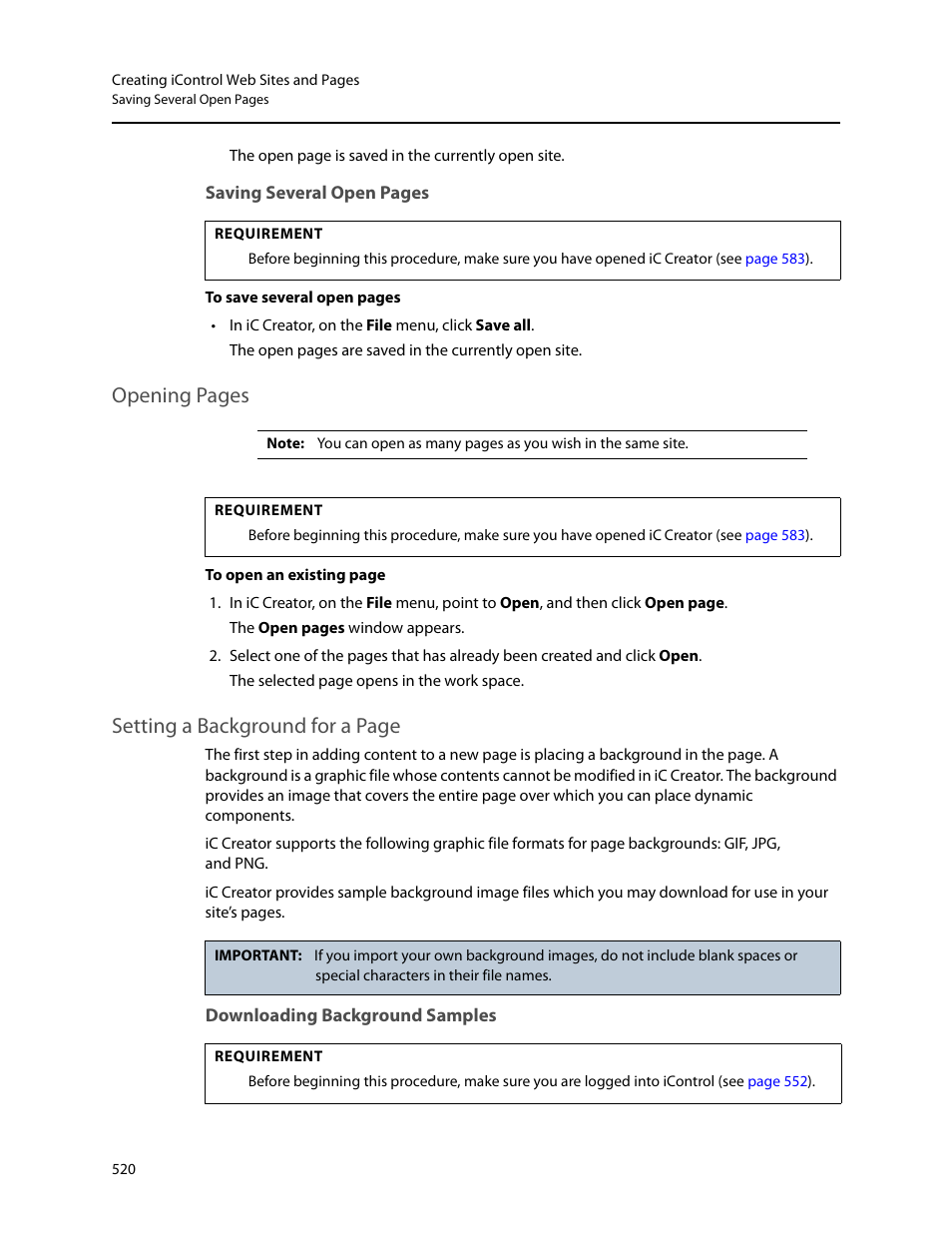 Downloading background samples, Opening pages, Setting a background for a page | Grass Valley iControl V.6.02 User Manual | Page 530 / 610