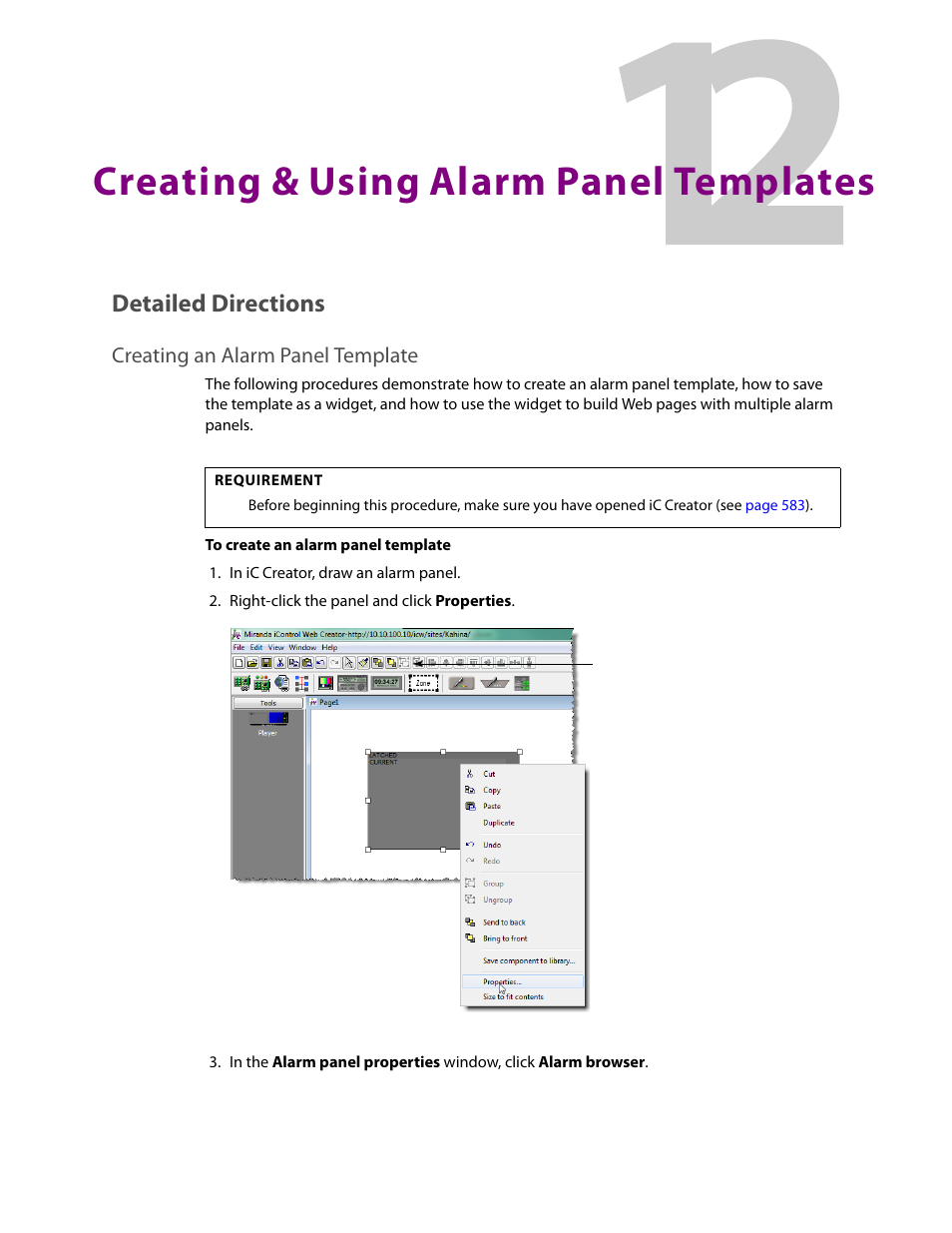 Creating & using alarm panel templates, Detailed directions, Creating an alarm panel template | 12 creating & using alarm panel templates | Grass Valley iControl V.6.02 User Manual | Page 539 / 610