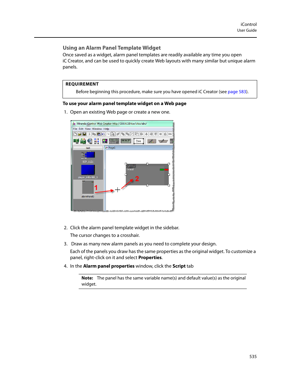 Using an alarm panel template widget | Grass Valley iControl V.6.02 User Manual | Page 545 / 610