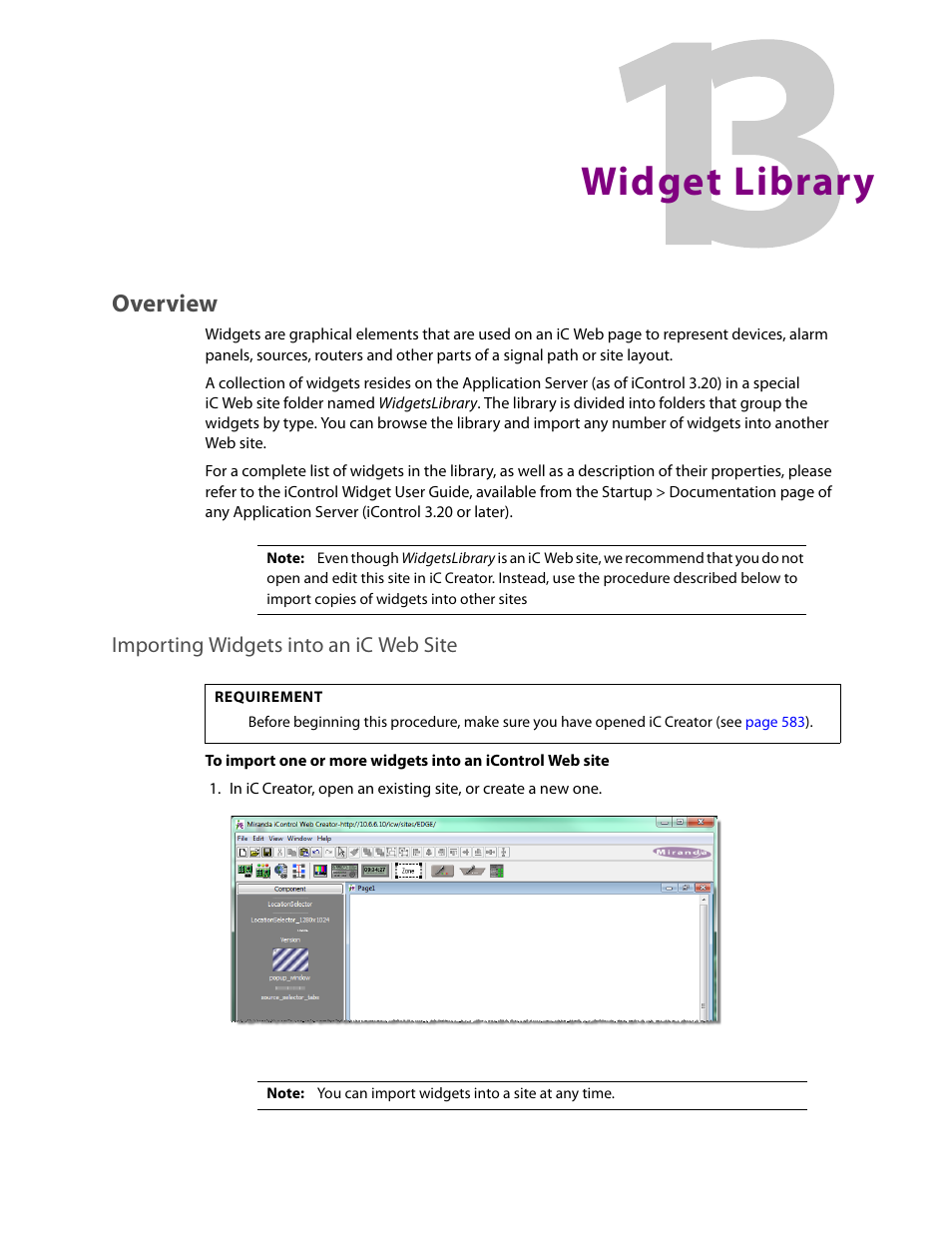 Widget library, Overview, Importing widgets into an ic web site | 13 widget library | Grass Valley iControl V.6.02 User Manual | Page 549 / 610
