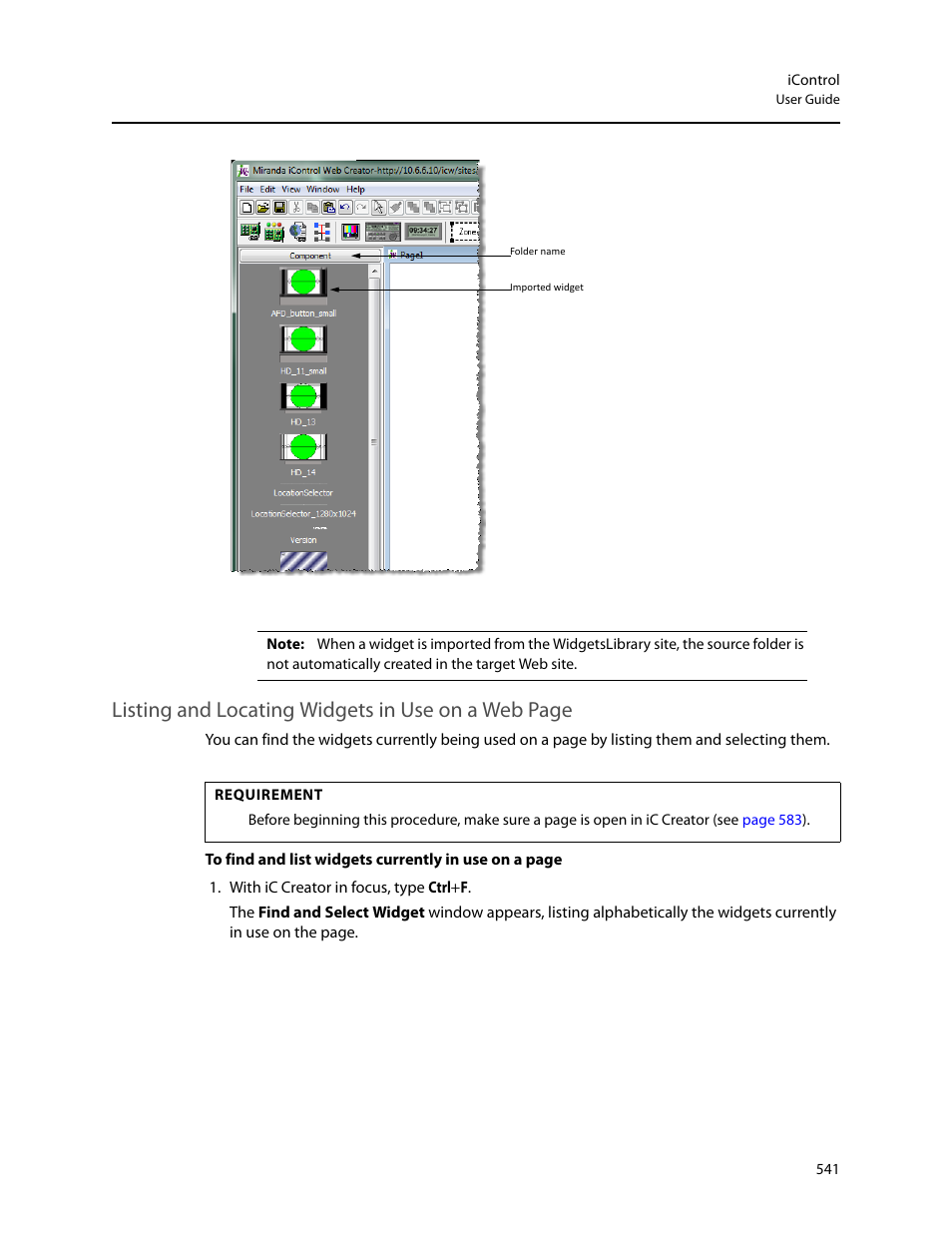 Listing and locating widgets in use on a web page | Grass Valley iControl V.6.02 User Manual | Page 551 / 610