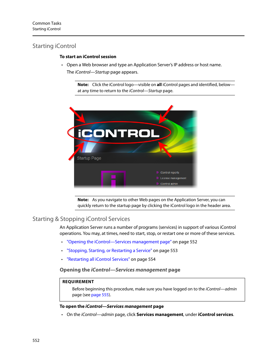 Starting icontrol, Starting & stopping icontrol services, Starting | Icontrol, Starting & stopping icontrol, Services, Starting & stopping, Icontrol services, Stopping icontrol services, Ol (see | Grass Valley iControl V.6.02 User Manual | Page 562 / 610