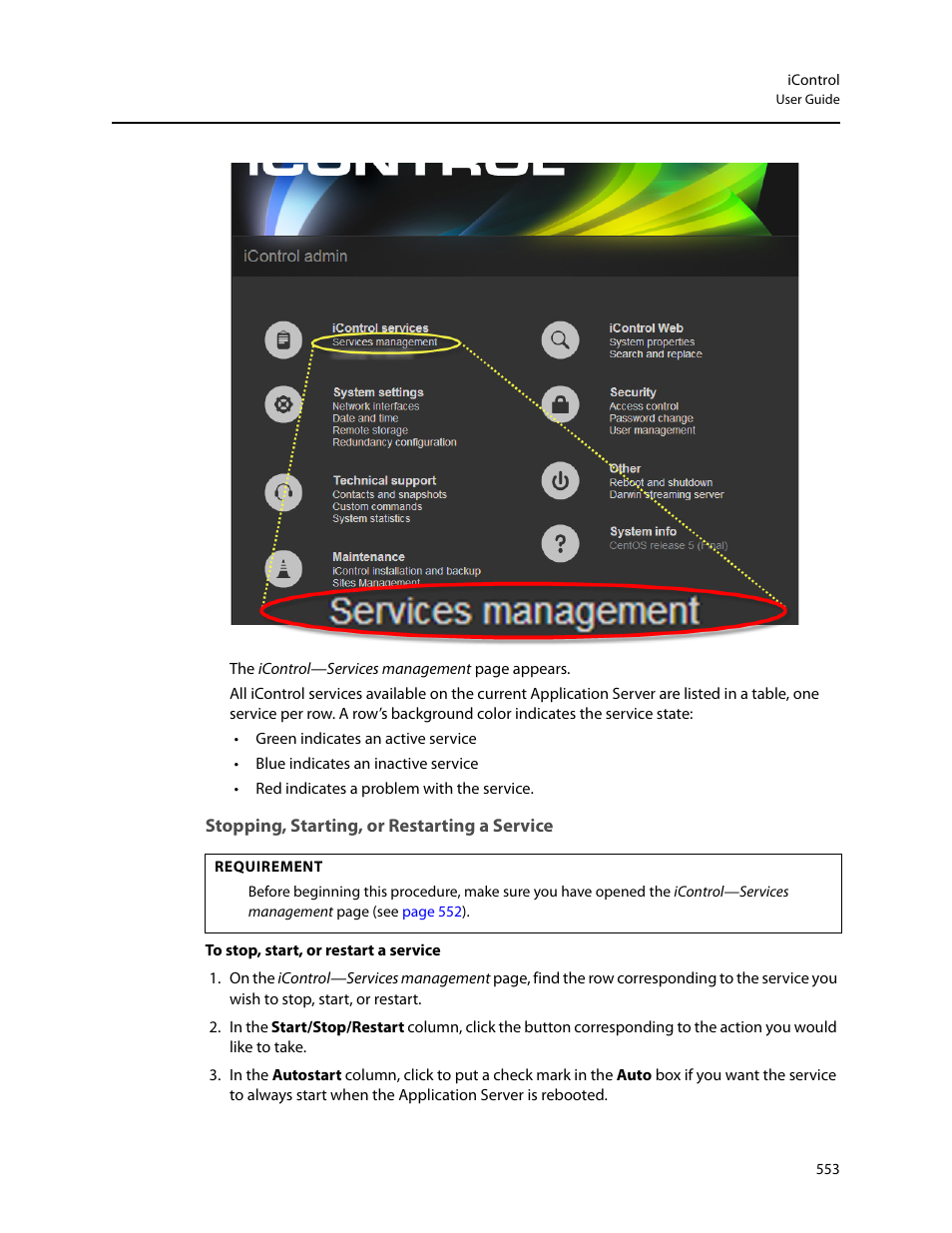 Stopping, starting, or restarting a service, Ol (see, Stopping, starting, or | Restarting a service, Er (see, Stopping, Starting, or restarting a service | Grass Valley iControl V.6.02 User Manual | Page 563 / 610